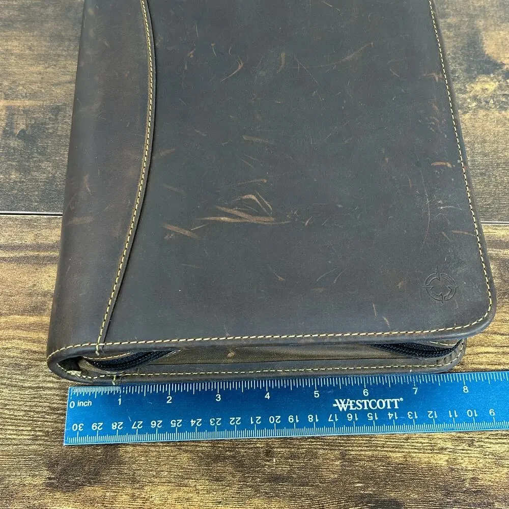 Vintage Franklin Covey 7 Ring Full Grain Leather Classic Brown Zip Planner USA